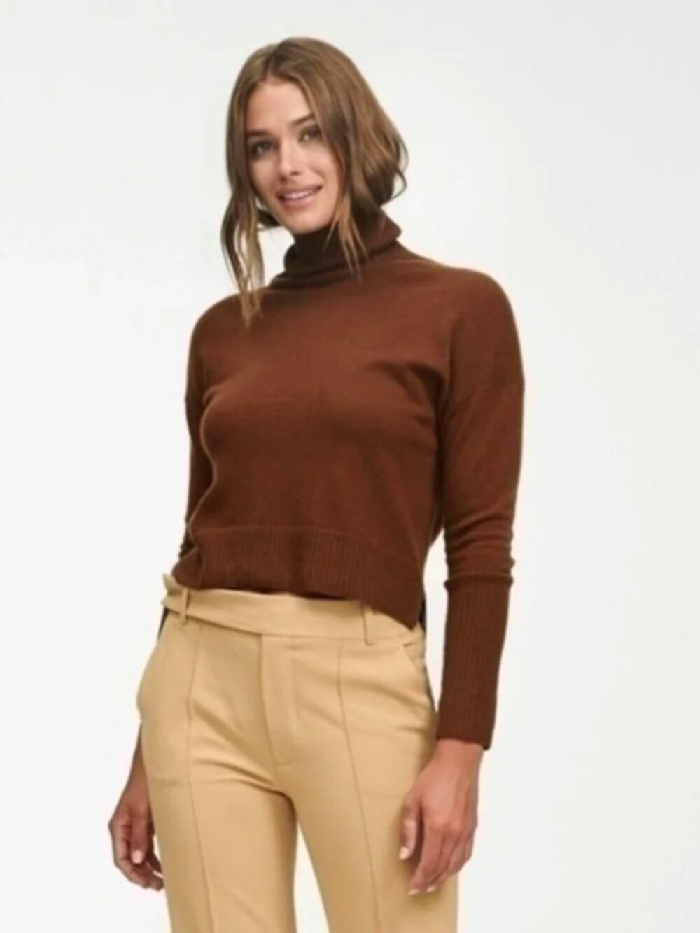 NWOT Naadam Cashmere Mock Neck Step Hem Sweater Cognac Brown XS
